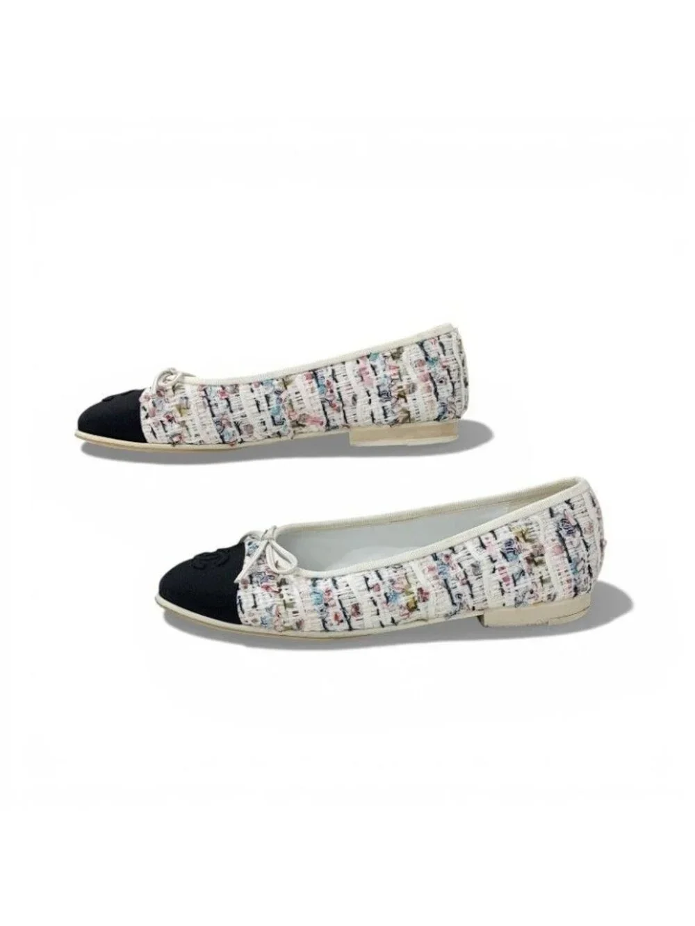 Chanel Flat Shoes Tweed White Black Multicolor CC Logo Ribbon - Picture 3 of 10